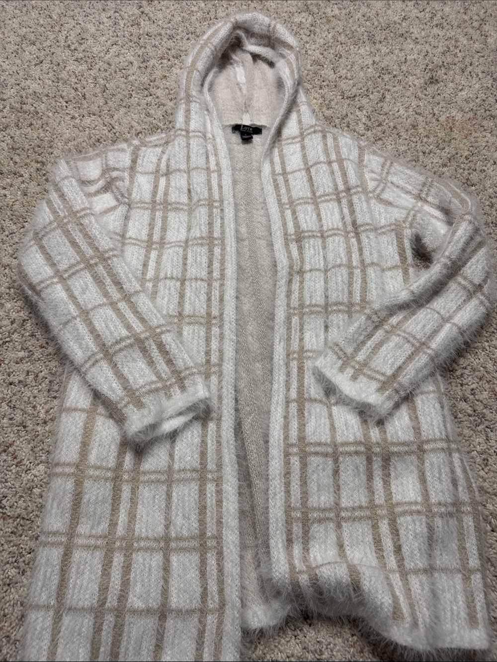 Love Hooded Open-Front Check Cardigan - White & Beige